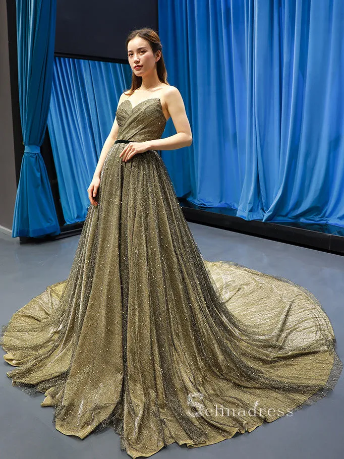 A-line Strapless Feature Long Prom Dress Beaded Formal Gowns GRB702
