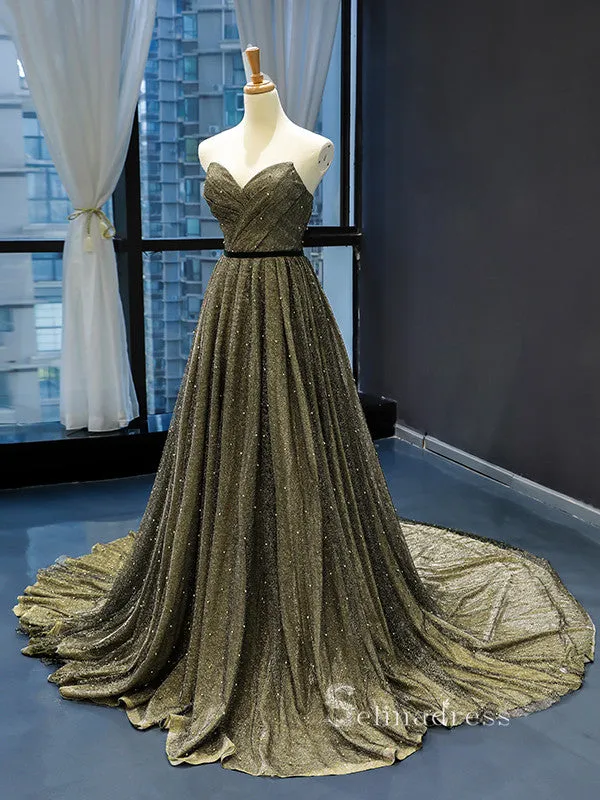 A-line Strapless Feature Long Prom Dress Beaded Formal Gowns GRB702