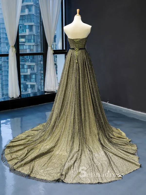 A-line Strapless Feature Long Prom Dress Beaded Formal Gowns GRB702