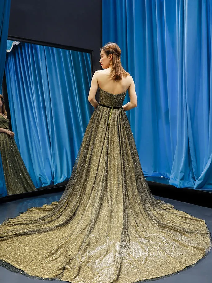 A-line Strapless Feature Long Prom Dress Beaded Formal Gowns GRB702