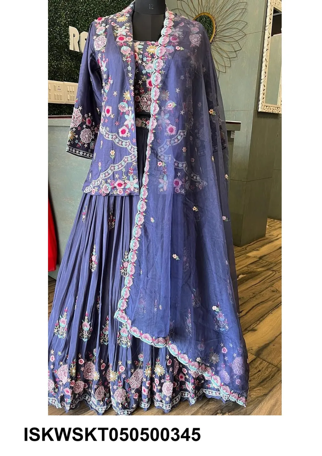 Embroidered Chinon Skirt With Georgette Blouse And Organza Dupatta-ISKWSKT050500345