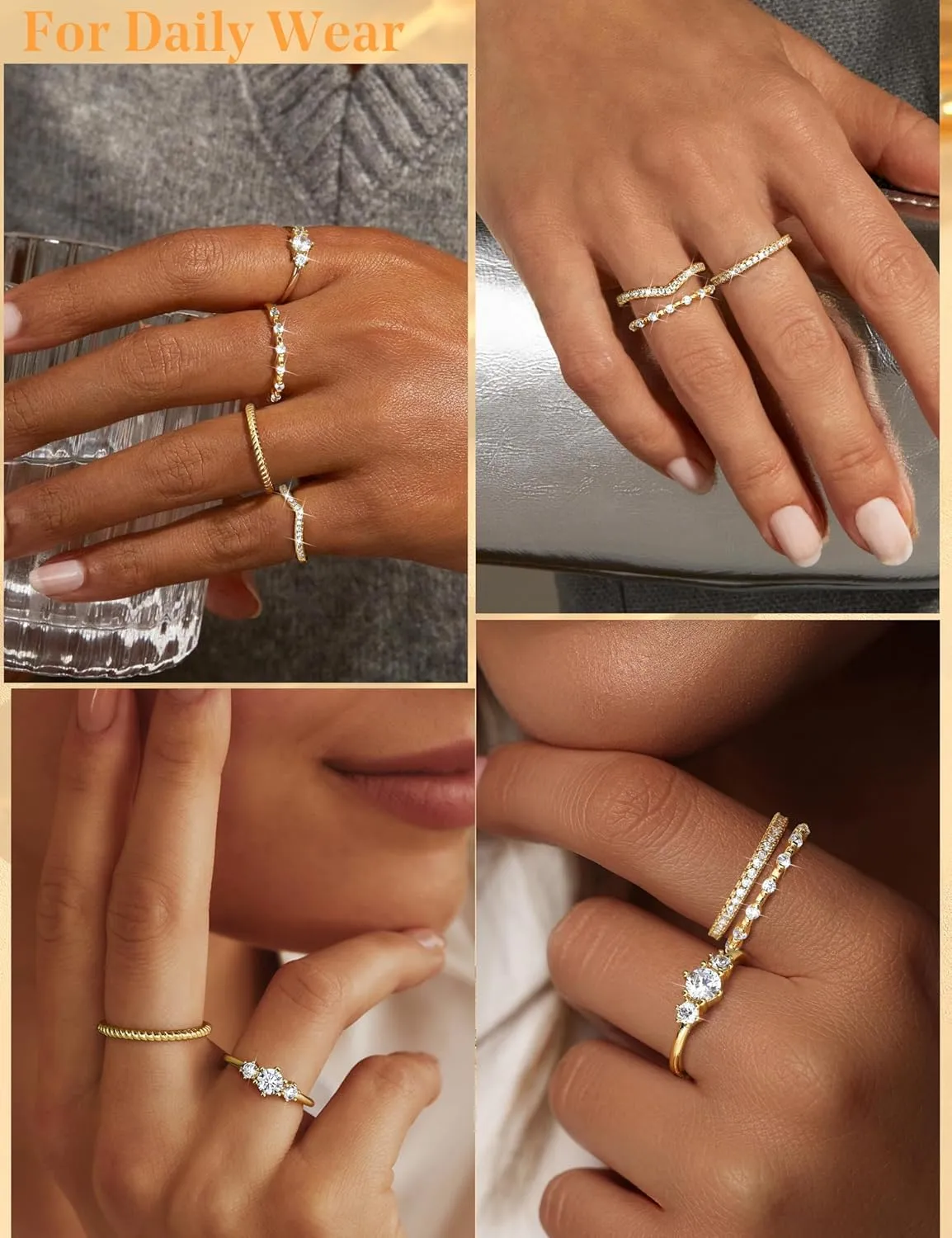 Florideco Stackable Gold Rings for Women 14K Gold Plated Minimalist Non Tarnish Cubic Zirconia Thumb Ring Set Dainty Gold Knuckle Ring Trendy Statement Stacking Rings Set Size 5-10