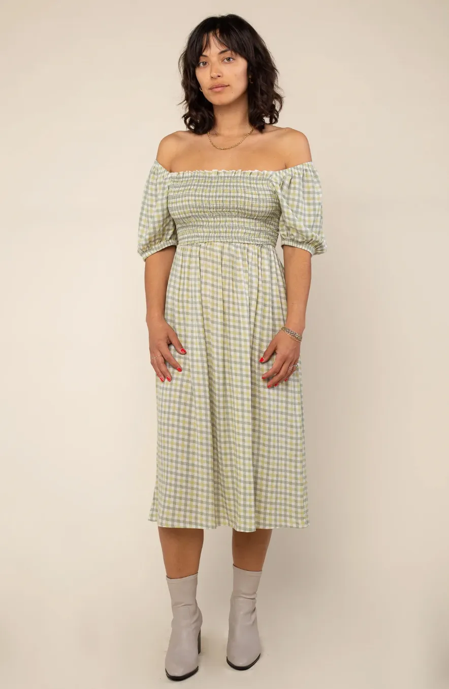 Gemma Gingham Puff Sleeve Dress in Sage Plaid