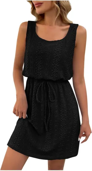 hlysgo Women Petite Sundress Summer Hollow Out Sleeveless Square Neck Beach Dresses Drawstring Waist Mini Dress for Vacation