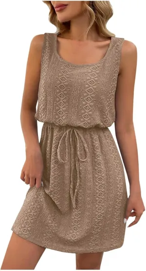 hlysgo Women Petite Sundress Summer Hollow Out Sleeveless Square Neck Beach Dresses Drawstring Waist Mini Dress for Vacation