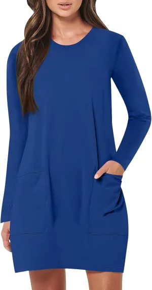 hlysgo Womens Mini Dress Summer Long Sleeve Crew Neck Casual Dresses Trendy Loose Comfy Knee Length Dress with Pockets