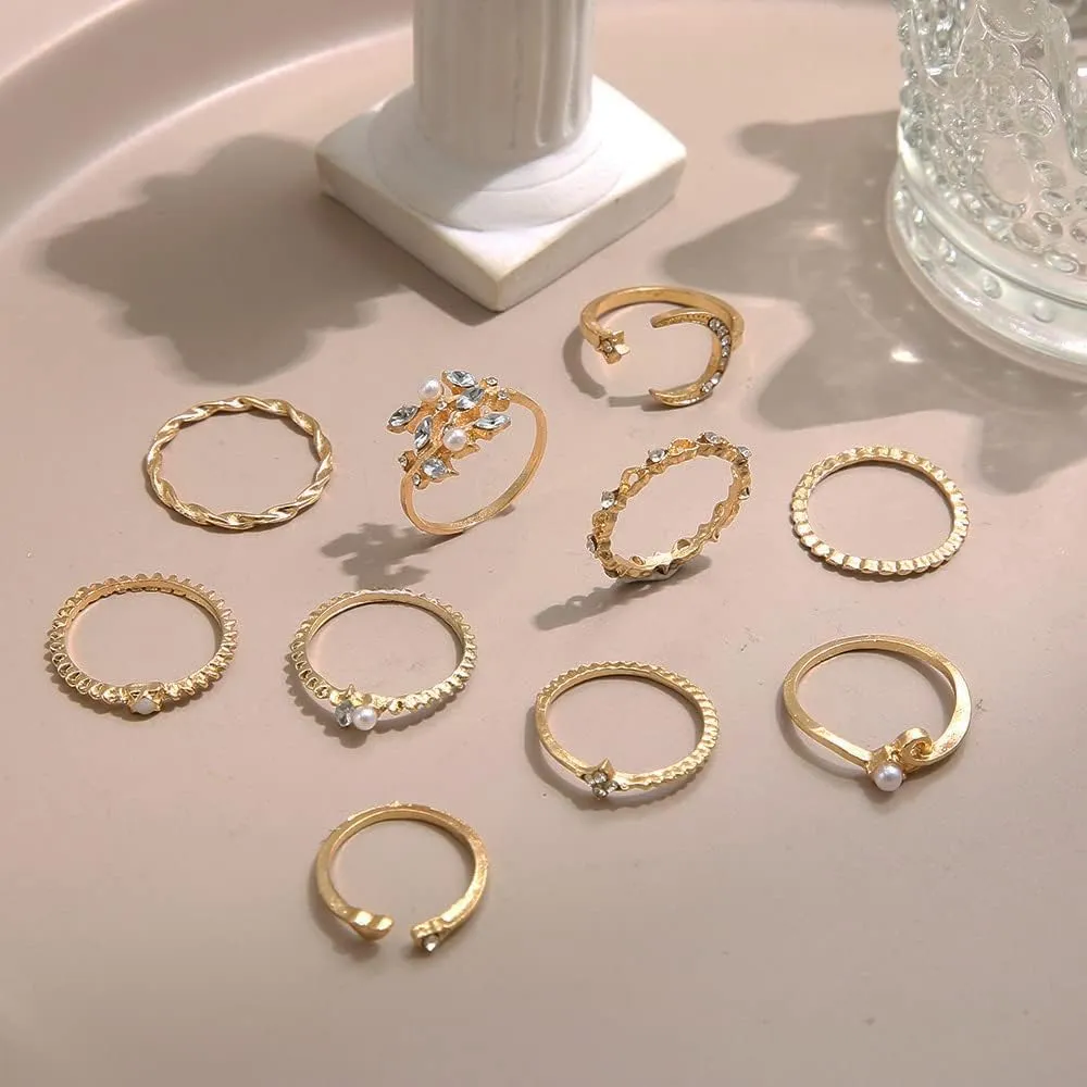 INENIMARTJ Boho Rings for Women Teen Girls,Gold Stacking Rings Set Vintage Knuckle Stackable Moon Star Snake Butterfly Heart Flower Leaf Top Finger Rings