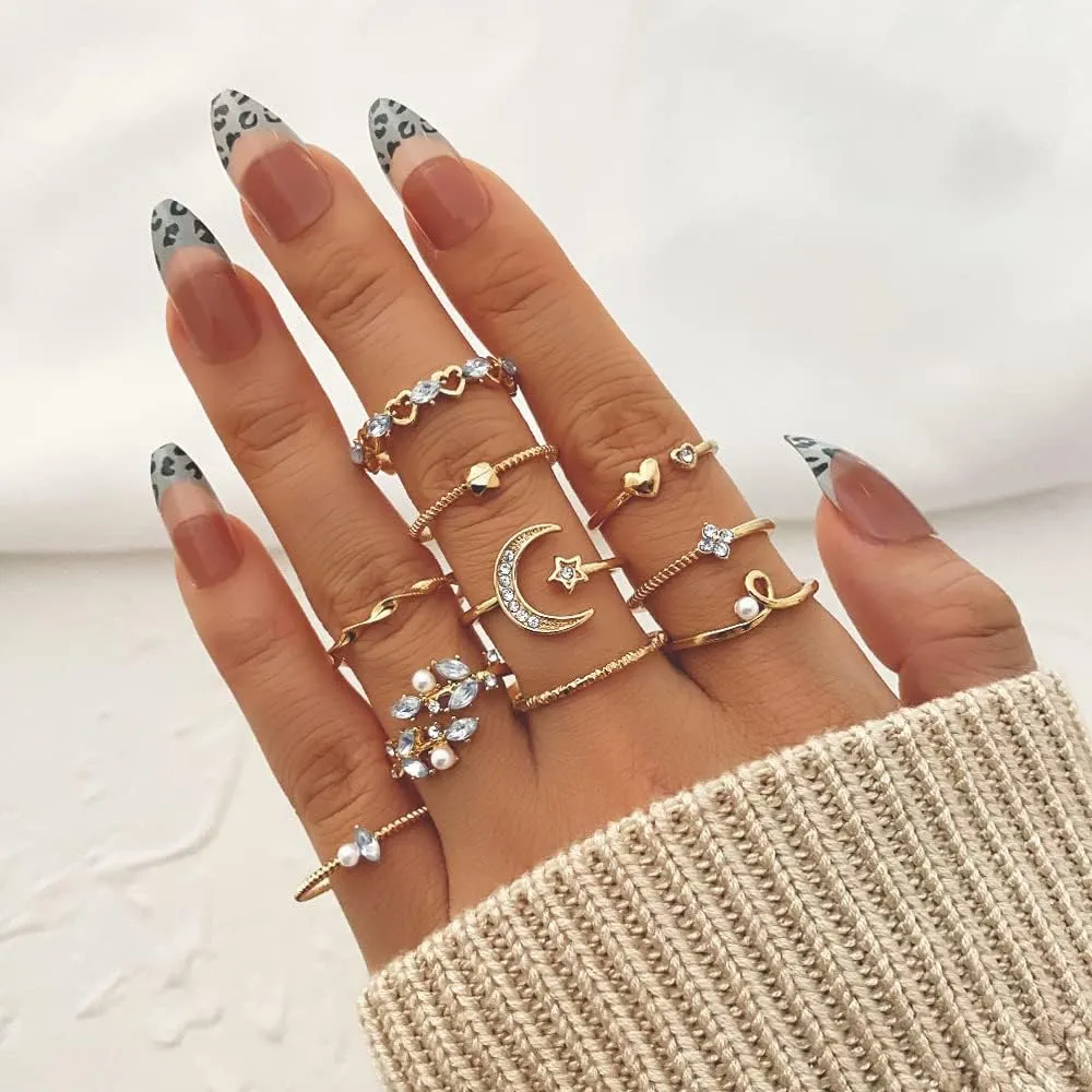 INENIMARTJ Boho Rings for Women Teen Girls,Gold Stacking Rings Set Vintage Knuckle Stackable Moon Star Snake Butterfly Heart Flower Leaf Top Finger Rings
