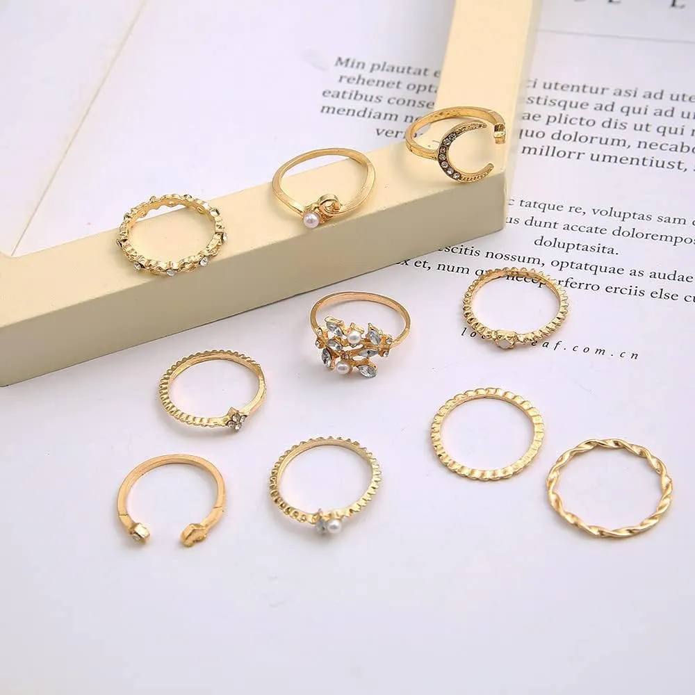 INENIMARTJ Boho Rings for Women Teen Girls,Gold Stacking Rings Set Vintage Knuckle Stackable Moon Star Snake Butterfly Heart Flower Leaf Top Finger Rings