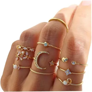 INENIMARTJ Boho Rings for Women Teen Girls,Gold Stacking Rings Set Vintage Knuckle Stackable Moon Star Snake Butterfly Heart Flower Leaf Top Finger Rings