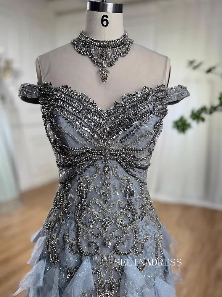 Mermaid High Neck Dusty Blue Beaded Prom Dresses Luxury Evening Gowns LA72164