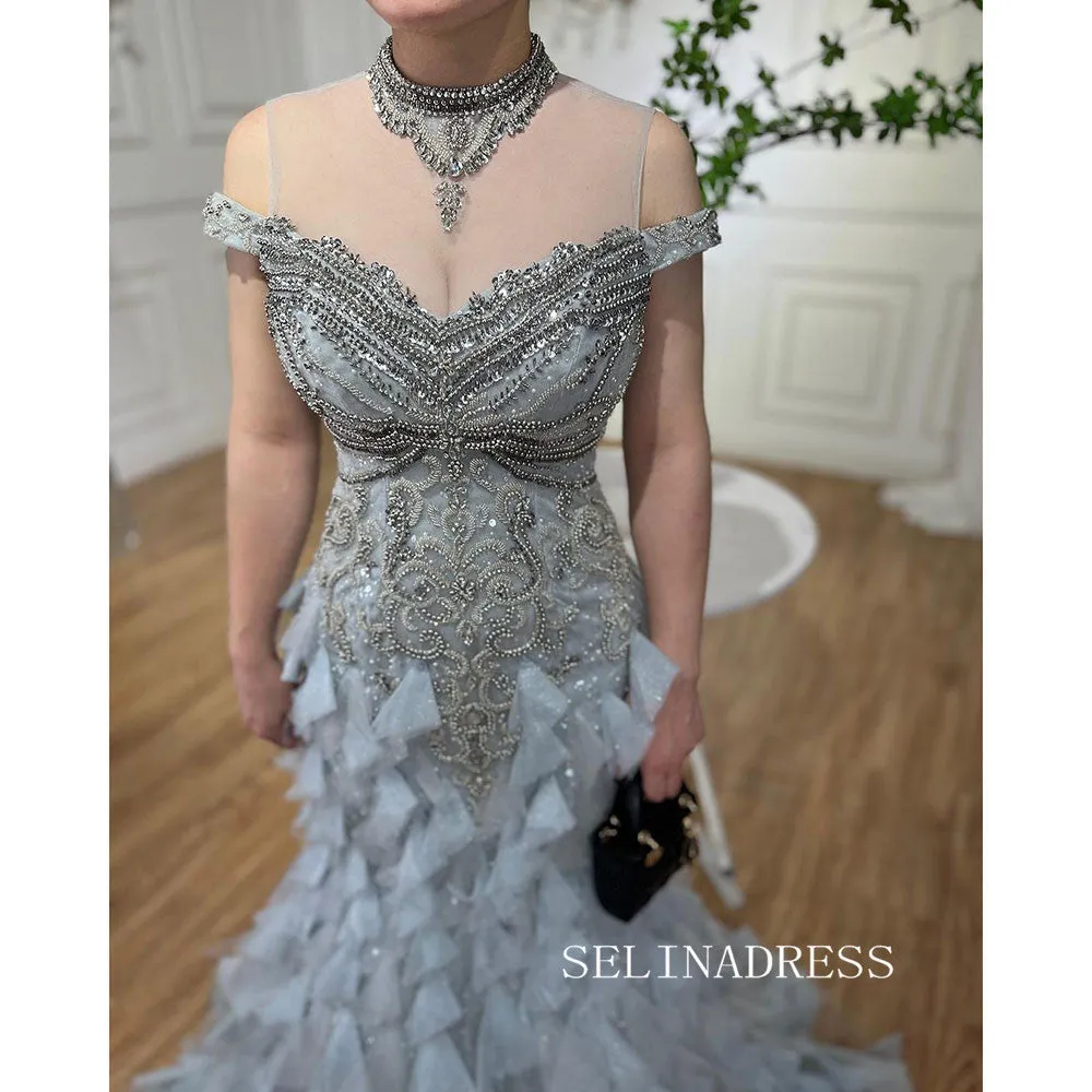 Mermaid High Neck Dusty Blue Beaded Prom Dresses Luxury Evening Gowns LA72164