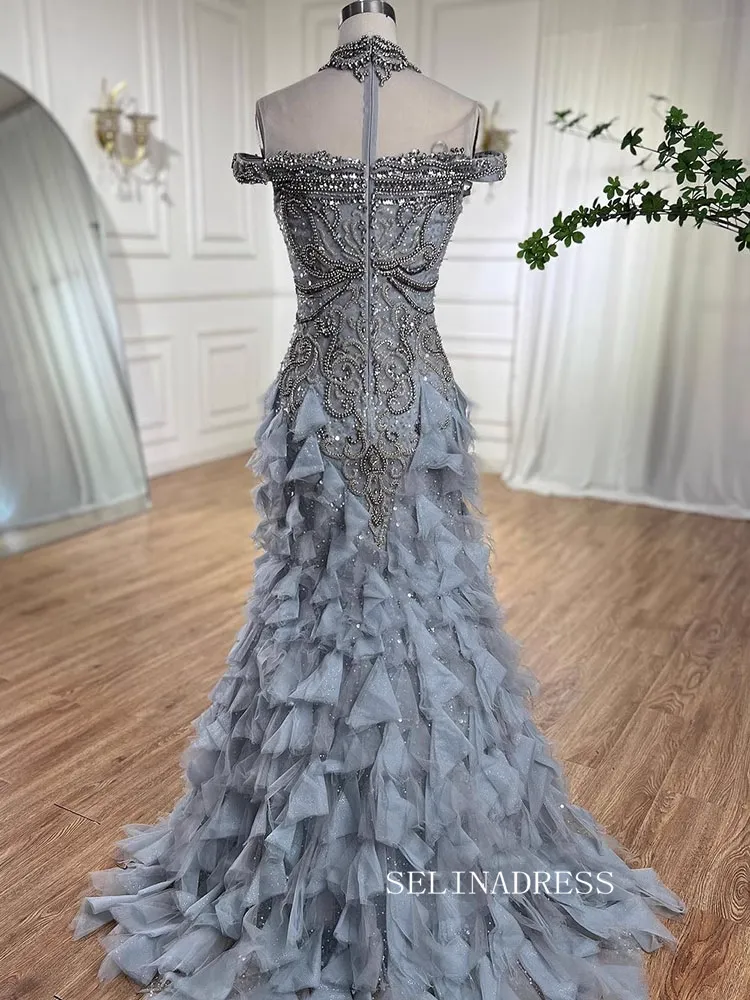 Mermaid High Neck Dusty Blue Beaded Prom Dresses Luxury Evening Gowns LA72164