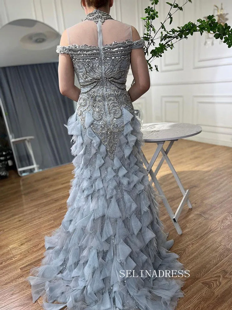 Mermaid High Neck Dusty Blue Beaded Prom Dresses Luxury Evening Gowns LA72164