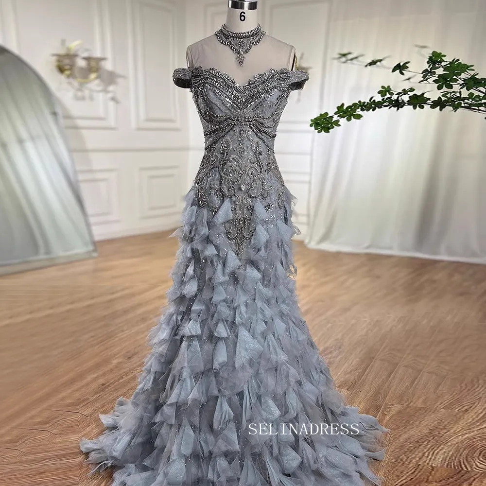 Mermaid High Neck Dusty Blue Beaded Prom Dresses Luxury Evening Gowns LA72164