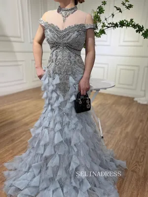 Mermaid High Neck Dusty Blue Beaded Prom Dresses Luxury Evening Gowns LA72164
