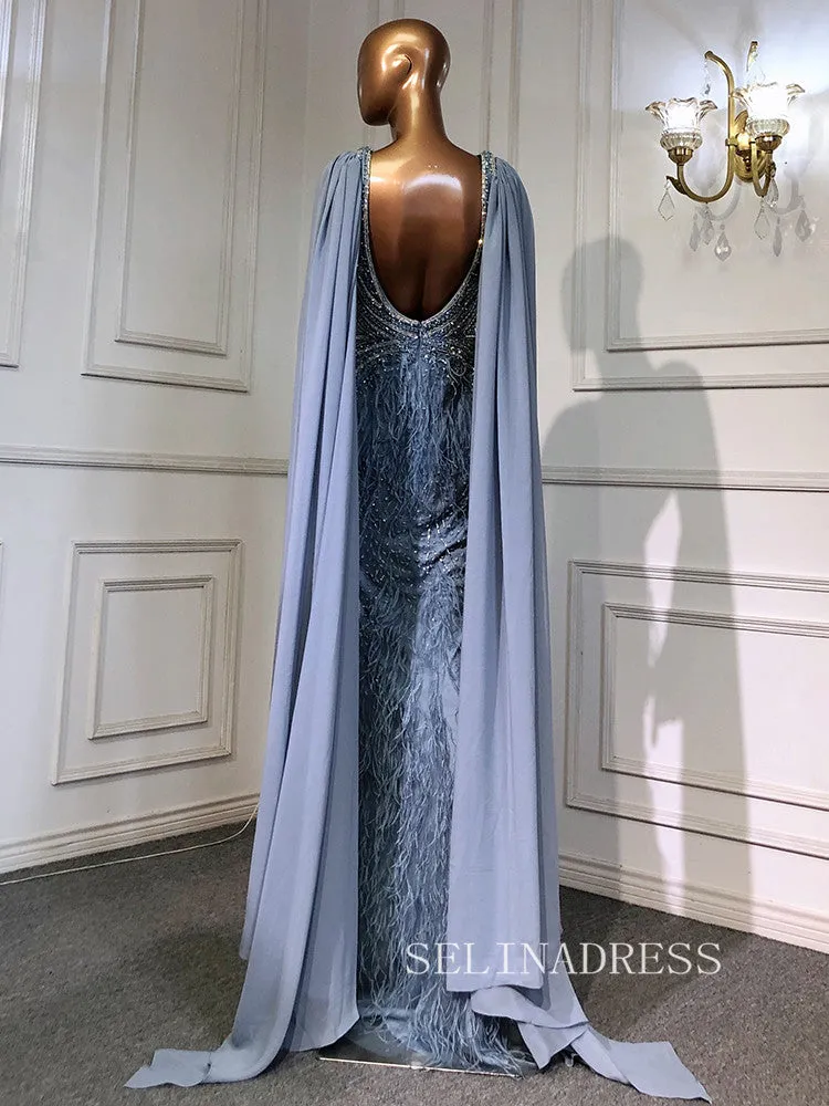 Mermaid V Neck Blue Long Prom Dress Beaded Sparkly Evening Gowns hlks019