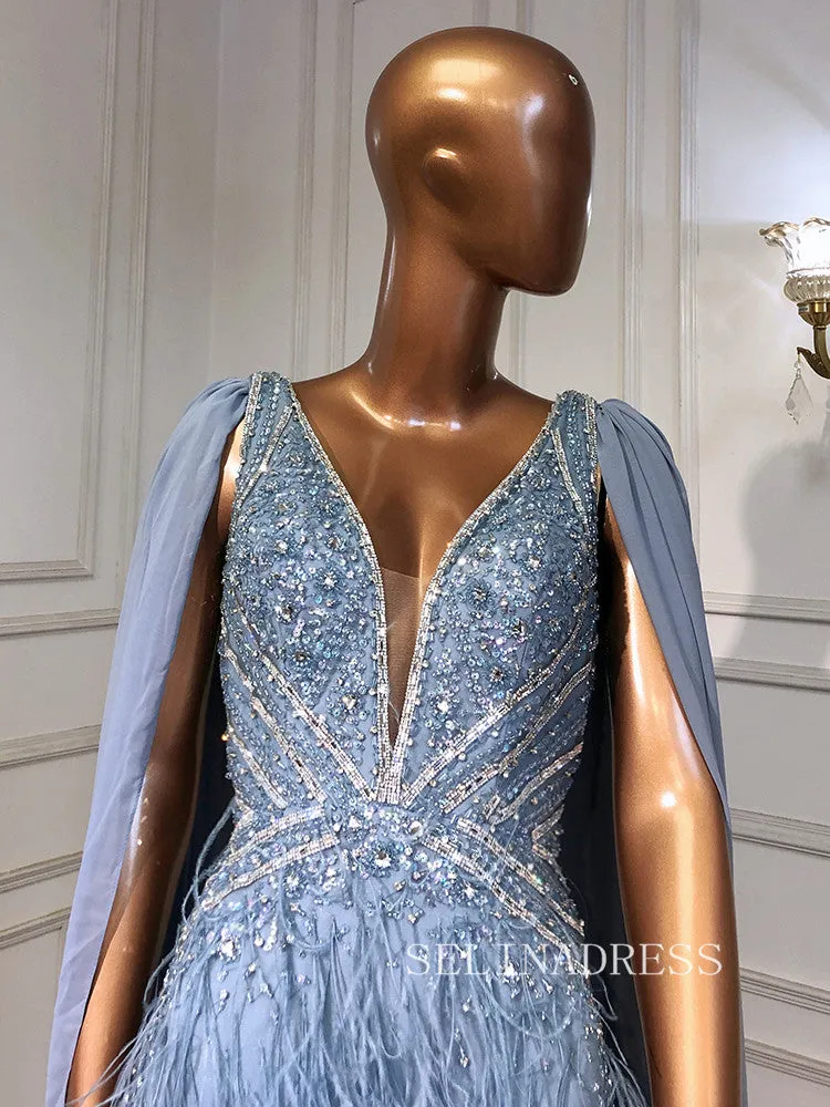 Mermaid V Neck Blue Long Prom Dress Beaded Sparkly Evening Gowns hlks019