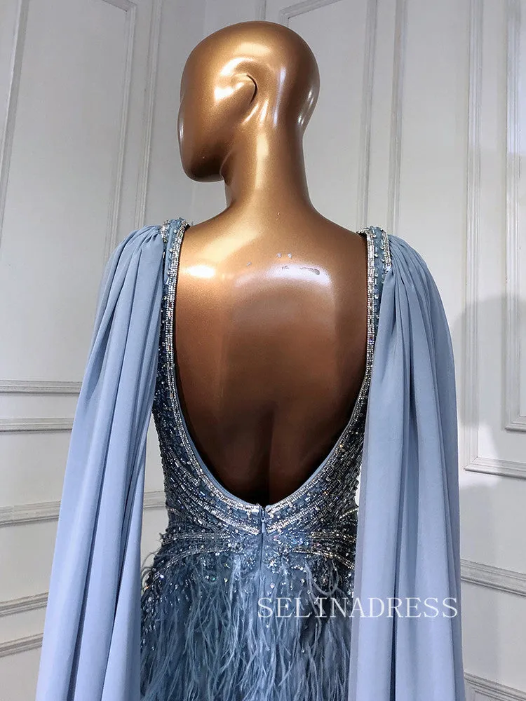 Mermaid V Neck Blue Long Prom Dress Beaded Sparkly Evening Gowns hlks019