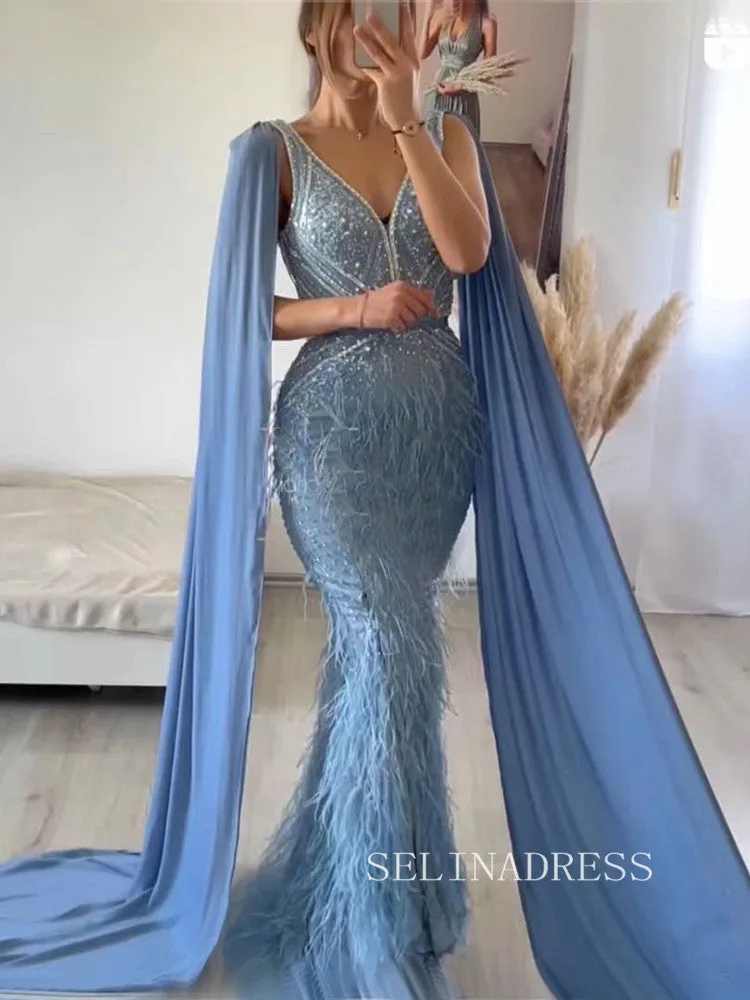 Mermaid V Neck Blue Long Prom Dress Beaded Sparkly Evening Gowns hlks019