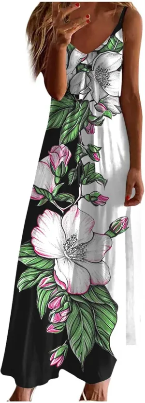 Mzkdieey Womens Casual Strappy V Neck Sleeveless Flowy Long Maxi Beach Dress Summer Bohemian Floral Print Cami Sundress