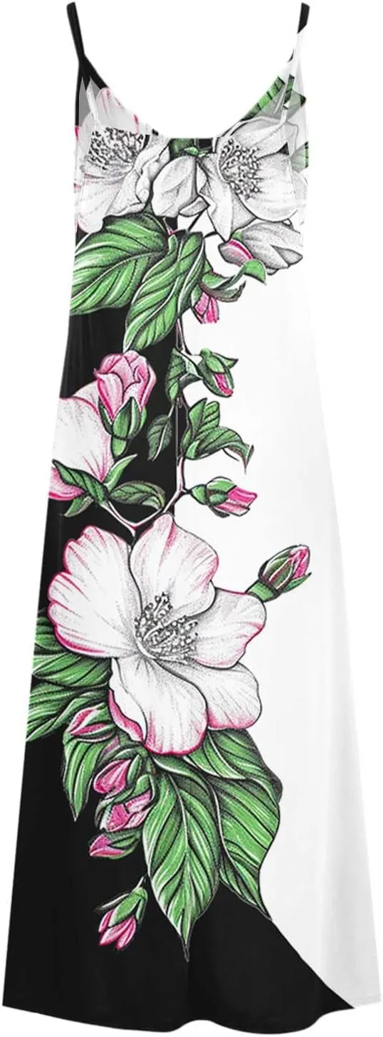 Mzkdieey Womens Casual Strappy V Neck Sleeveless Flowy Long Maxi Beach Dress Summer Bohemian Floral Print Cami Sundress