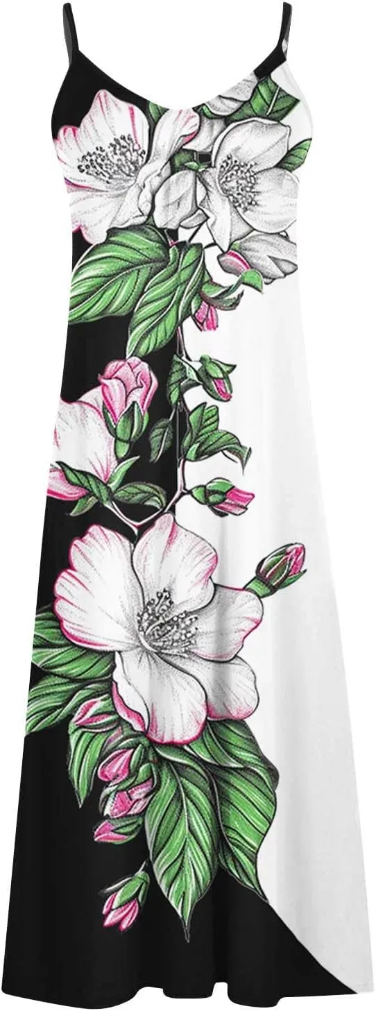 Mzkdieey Womens Casual Strappy V Neck Sleeveless Flowy Long Maxi Beach Dress Summer Bohemian Floral Print Cami Sundress