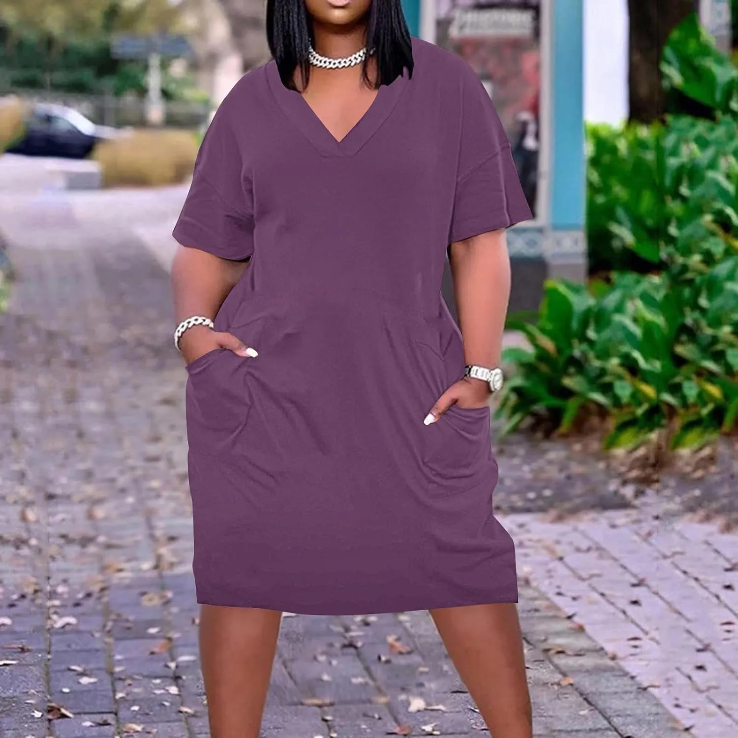 Plus Size V Neck Midi Dresses for Women Baggy V Neck T-Shirt Dress Solid Loose Fitting Sundress with Pokets