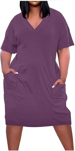 Plus Size V Neck Midi Dresses for Women Baggy V Neck T-Shirt Dress Solid Loose Fitting Sundress with Pokets