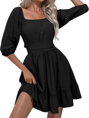 PTOLOCIF Womens Summer Mini Dress Elegant Square Neck Short Sleeve Ruffle Beach Sundress Tiered Ruffle Boho Swing Dresses