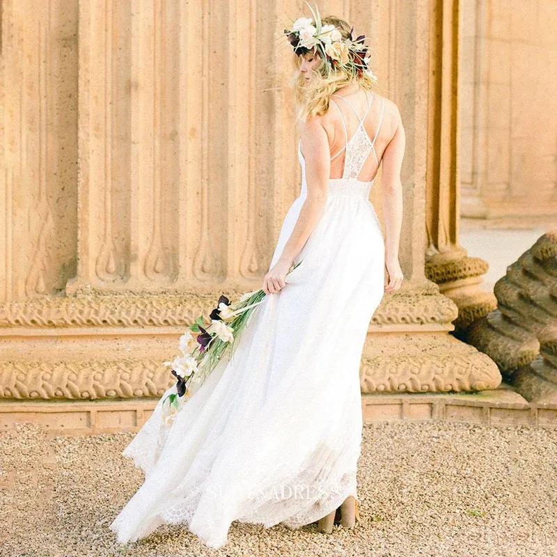 Spaghetti Straps Beach Lace Wedding Dresse Custom Wedding Gown Bridal Dresses GRDK010