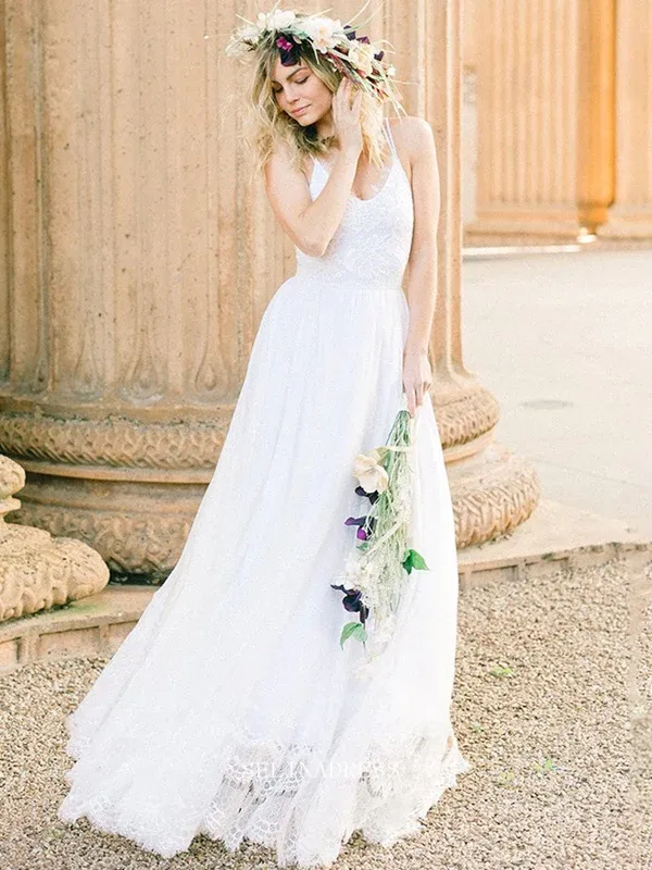Spaghetti Straps Beach Lace Wedding Dresse Custom Wedding Gown Bridal Dresses GRDK010