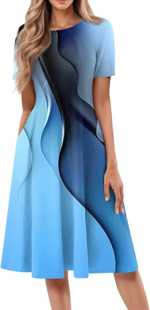 Summer Dresses for Women 2025 Beach Vacation Elegant Crewneck Short Sleeve Midi Sun Dress A Line Dress Side Pockets