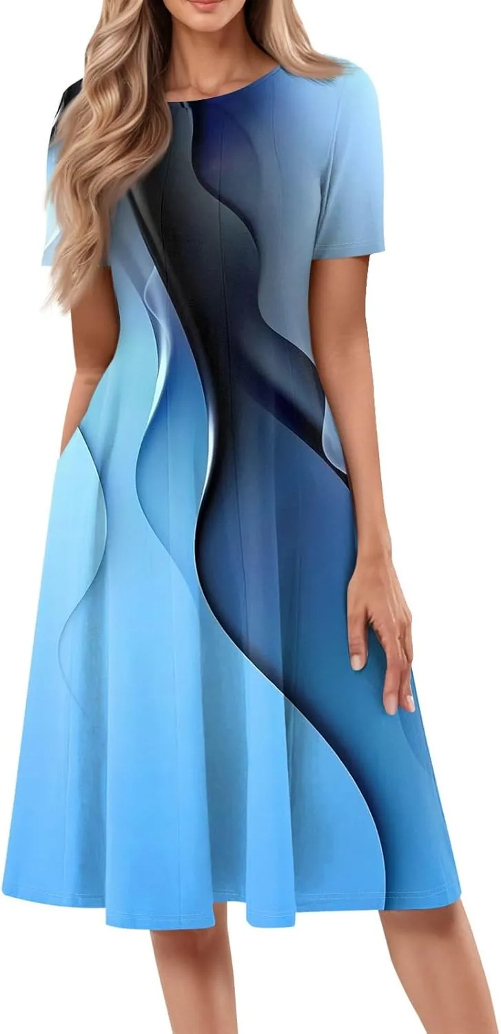 Summer Dresses for Women 2025 Beach Vacation Elegant Crewneck Short Sleeve Midi Sun Dress A Line Dress Side Pockets