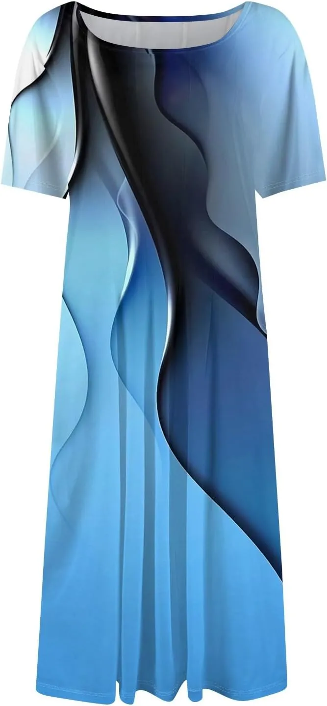 Summer Dresses for Women 2025 Beach Vacation Elegant Crewneck Short Sleeve Midi Sun Dress A Line Dress Side Pockets