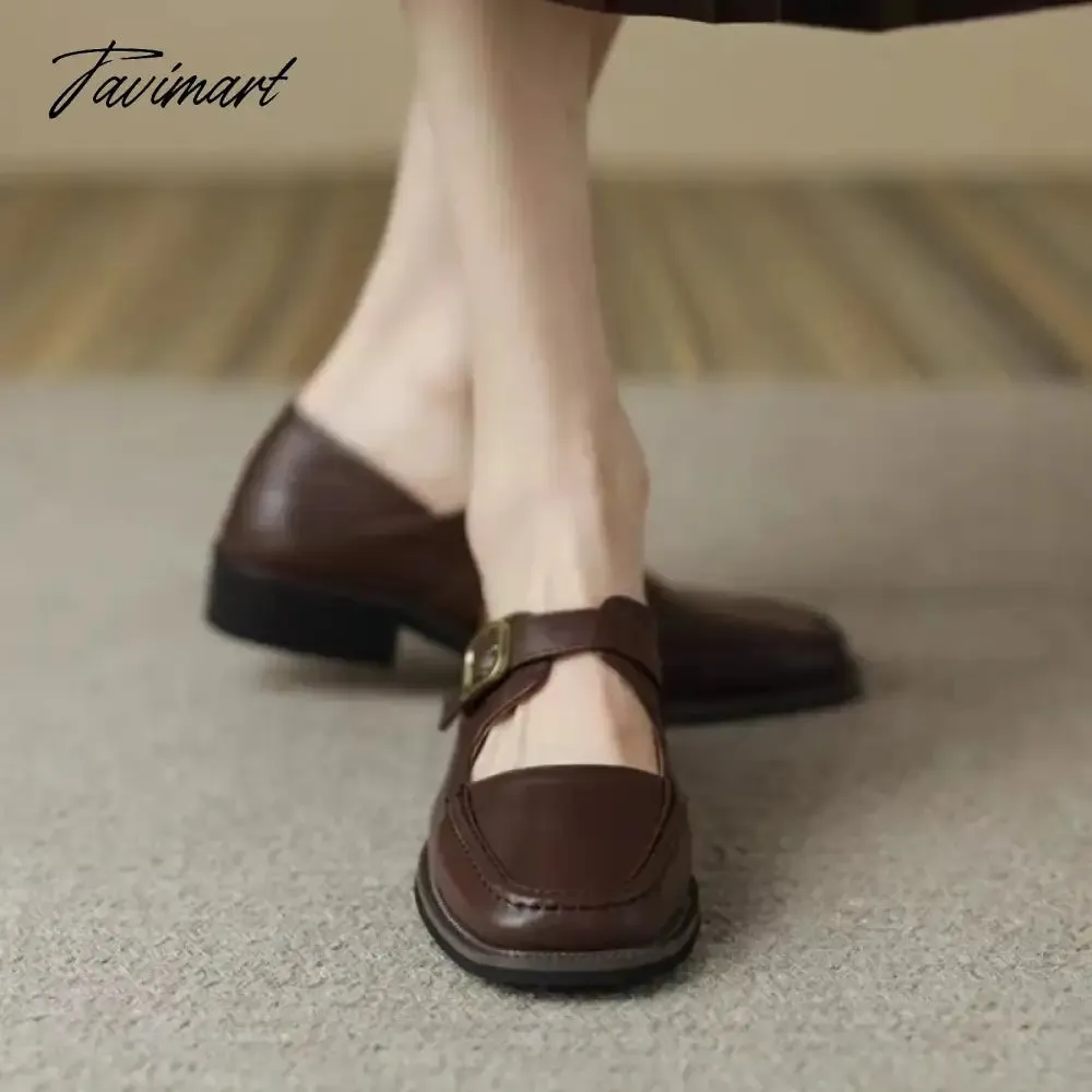 TAVIMART New Designer Women's Oxford Shoes Vintage Square Toe Mary Janes Shoes Black Buckle Leather Shoes for Female Spring Autumn 1604N