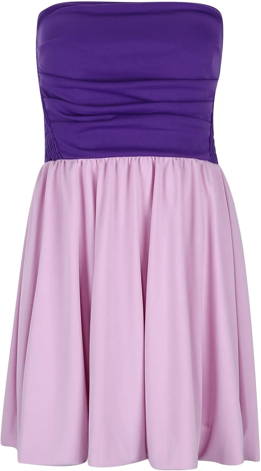 Women Sexy Ruched Strapless Tube Mini Dress Sleeveless Backless Tiered Layered Ruffle Hem A-Line Short Dress