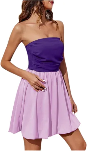 Women Sexy Ruched Strapless Tube Mini Dress Sleeveless Backless Tiered Layered Ruffle Hem A-Line Short Dress