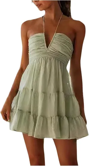 Women Summer Dresses 2025 Deep V Neck Halter Cutout Mesh Short Dress Casual Party Tiered A-Line Mini Dress