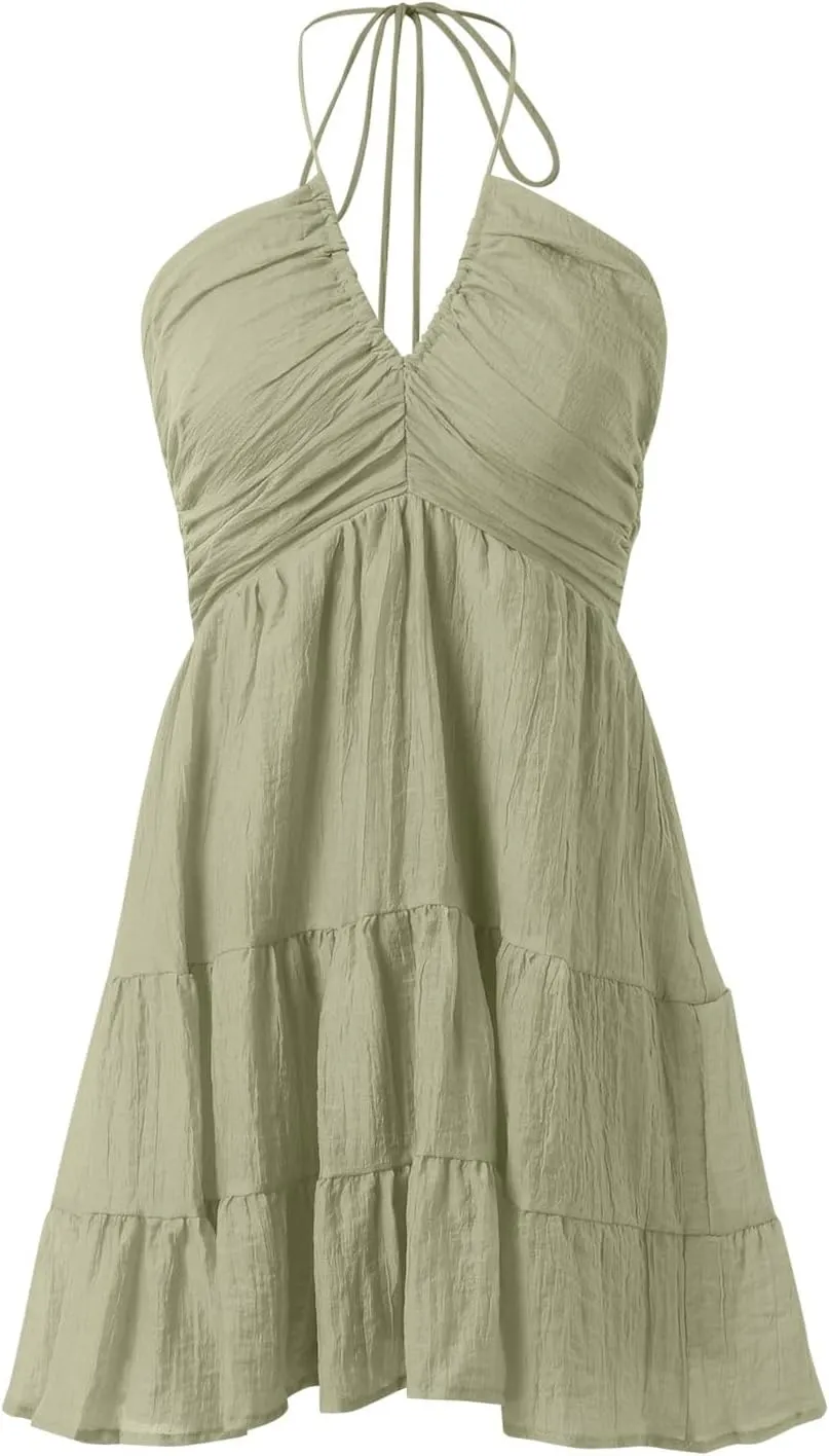 Women Summer Dresses 2025 Deep V Neck Halter Cutout Mesh Short Dress Casual Party Tiered A-Line Mini Dress