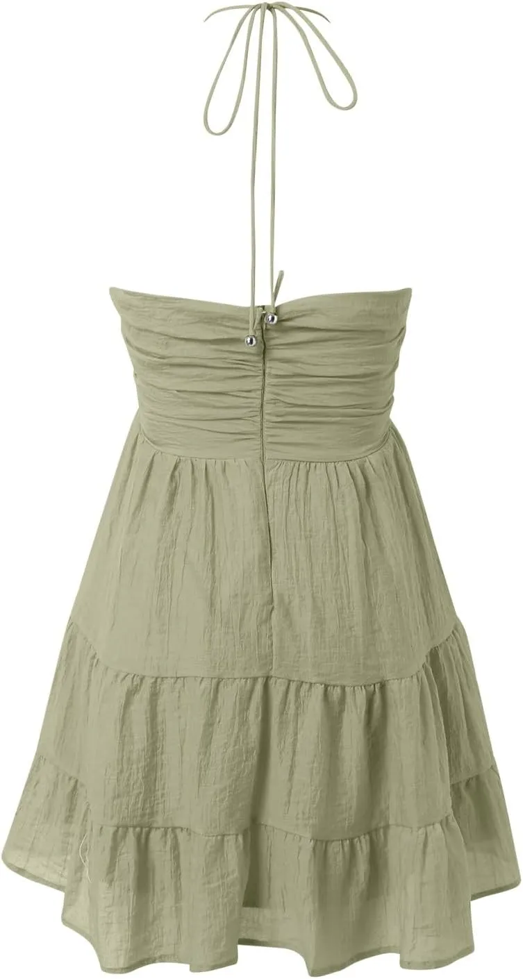 Women Summer Dresses 2025 Deep V Neck Halter Cutout Mesh Short Dress Casual Party Tiered A-Line Mini Dress