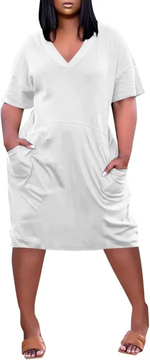 Women's Summer Casual Solid V-Neck Short Sleeve Midi Dress Plus Size with Pocket