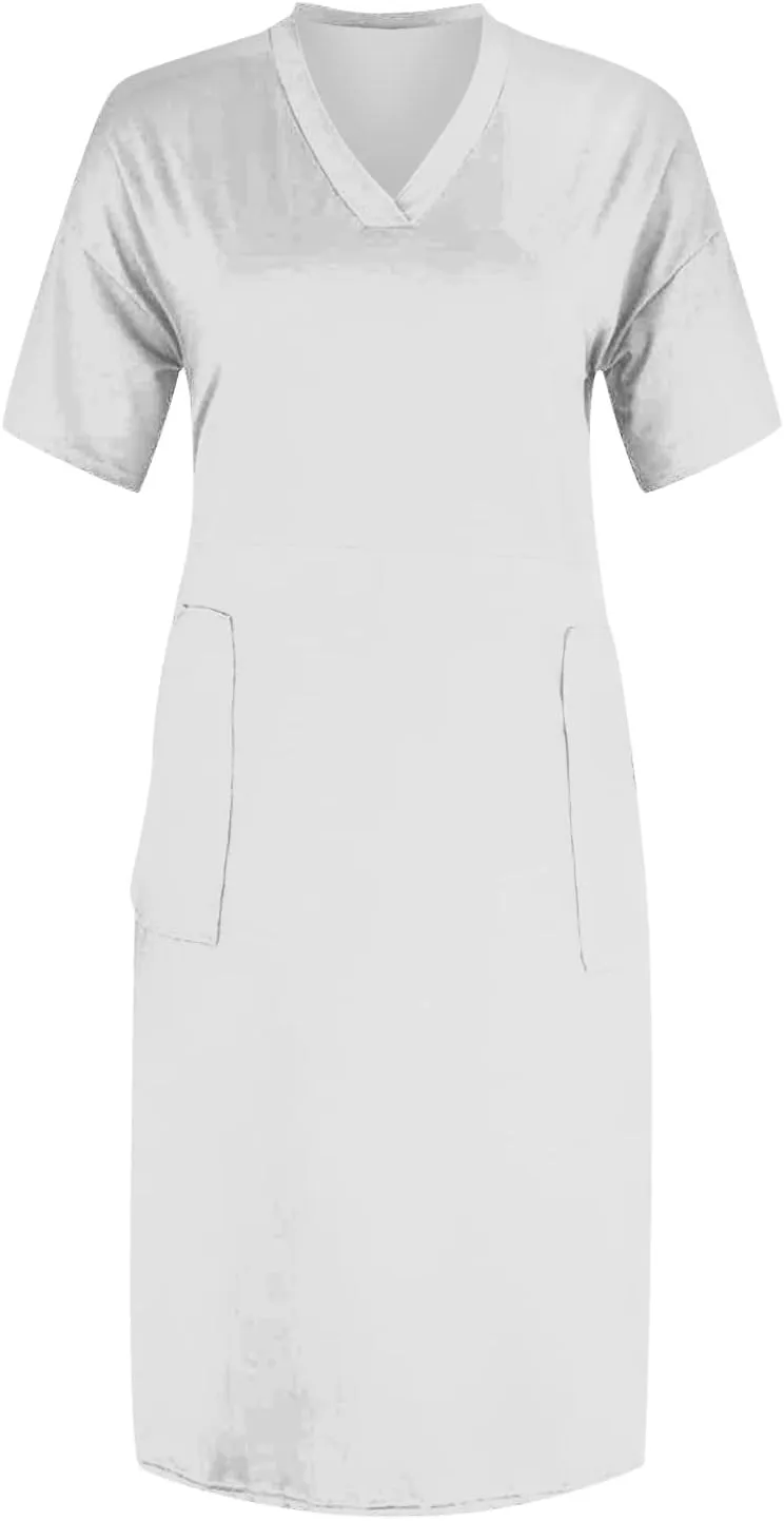 Women's Summer Casual Solid V-Neck Short Sleeve Midi Dress Plus Size with Pocket